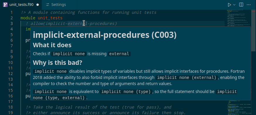 Hovering over an allow code in VS Code